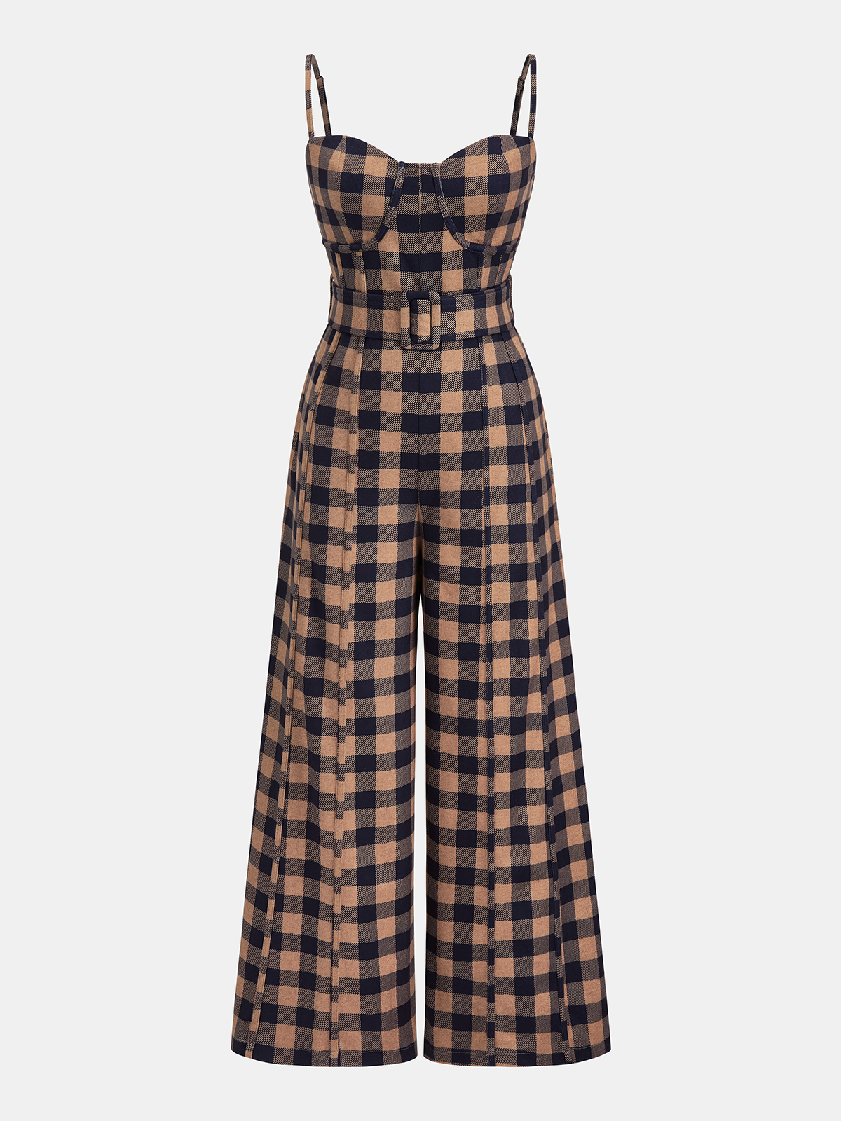 Plaid Wide-Leg Jumpsuit with Belted Cami Top