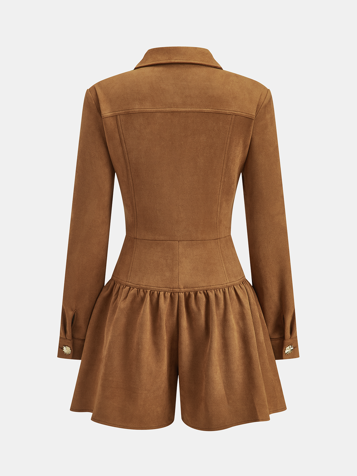 Suede Button-Front Jumpsuit with Long Sleeves