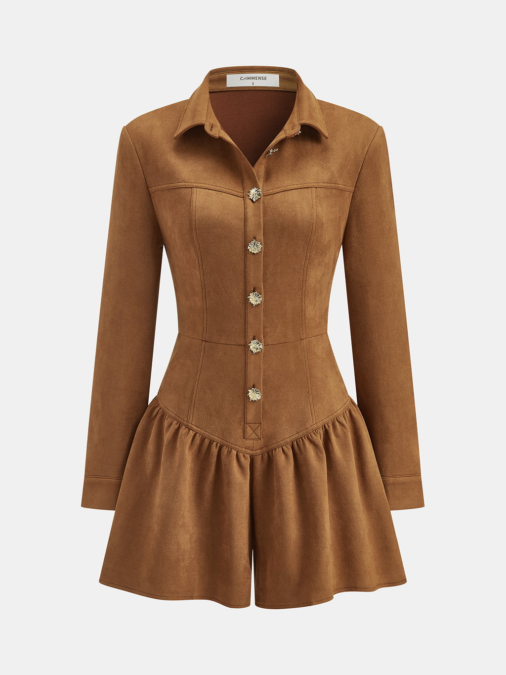 Suede Button-Front Jumpsuit with Long Sleeves