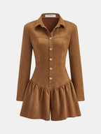 Suede Button-Front Jumpsuit with Long Sleeves