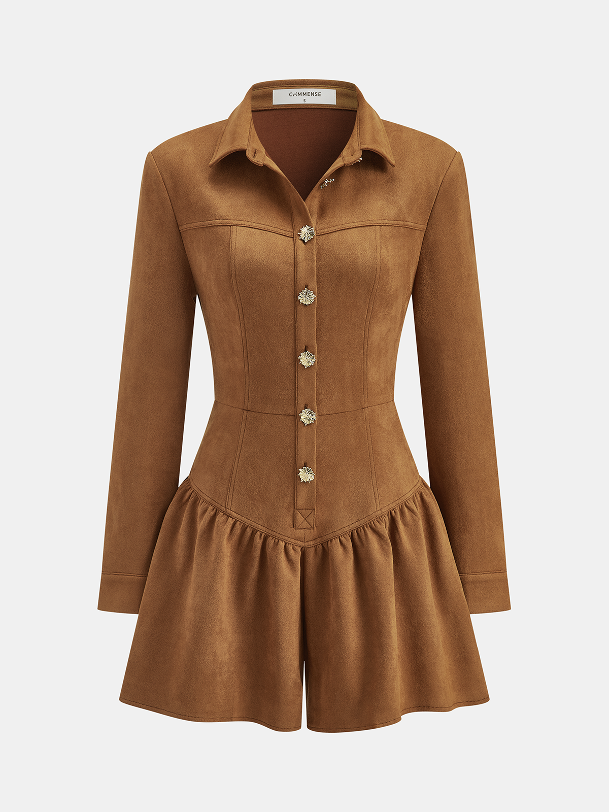 Suede Button-Front Jumpsuit with Long Sleeves