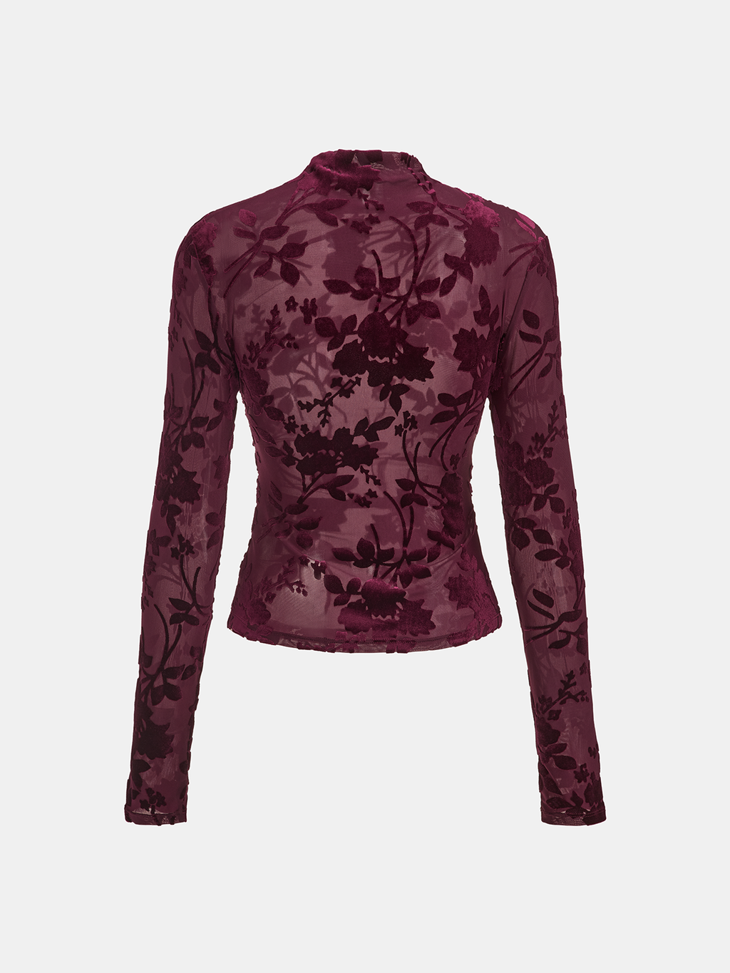 Velvet Floral Top with Sheer Mesh and Mock Neck