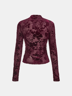 Velvet Floral Top with Sheer Mesh and Mock Neck