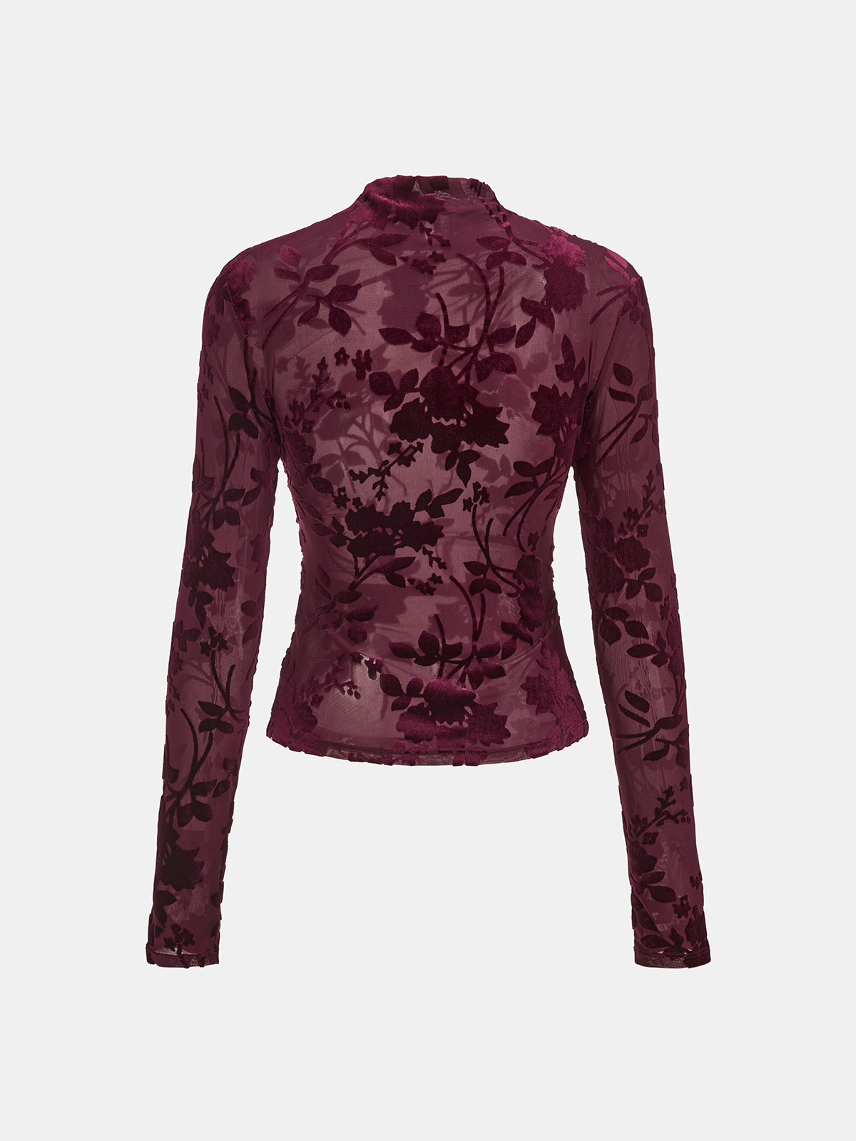 Velvet Floral Top with Sheer Mesh and Mock Neck