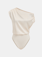 Satin Bodysuit with Elegant One-Shoulder Drape Design