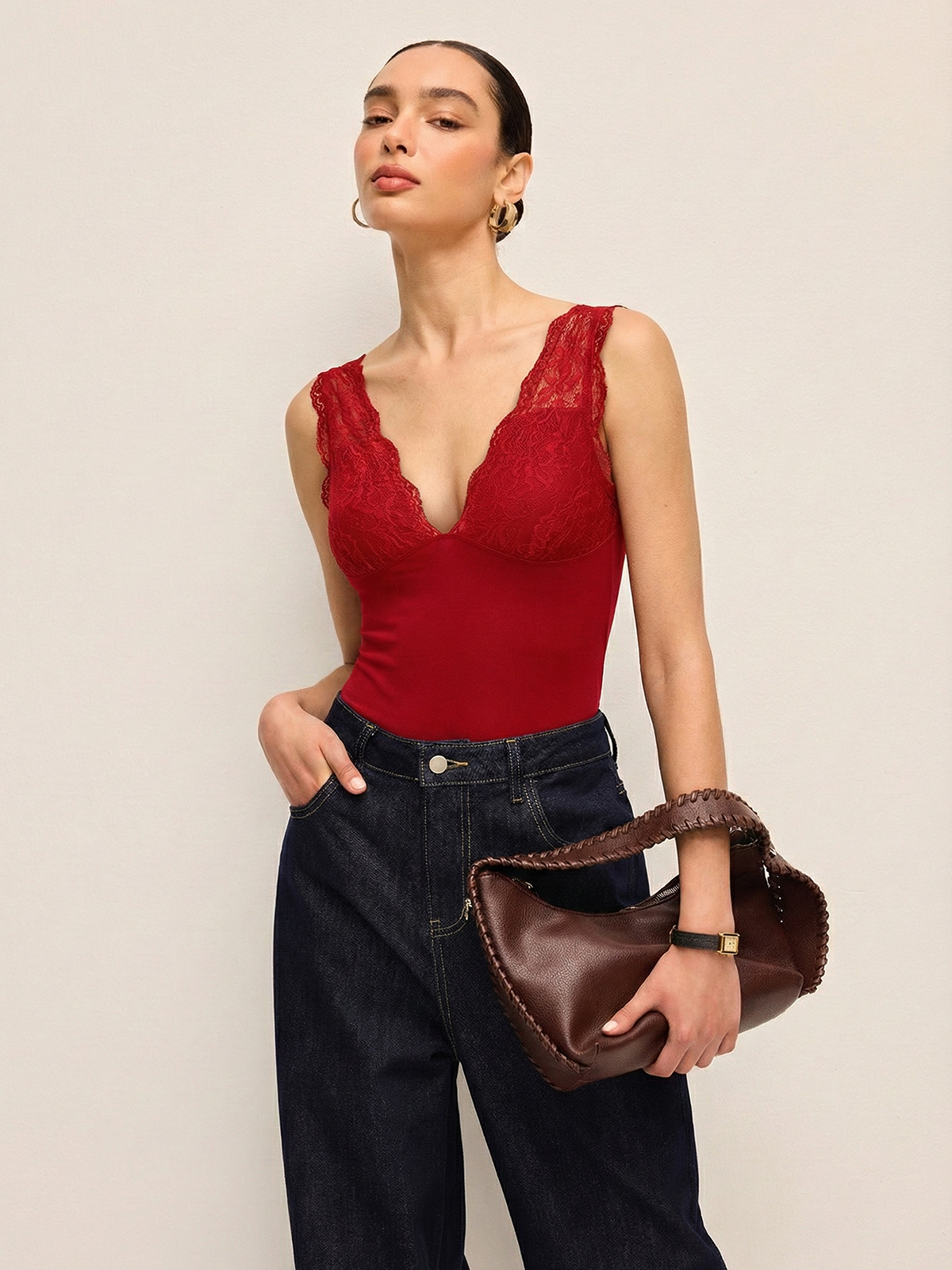 Deep Plunge Bodysuit with Delicate Lace Trim