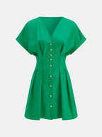 Cotton-Linen Pleated Mini Dress with Button Detailing