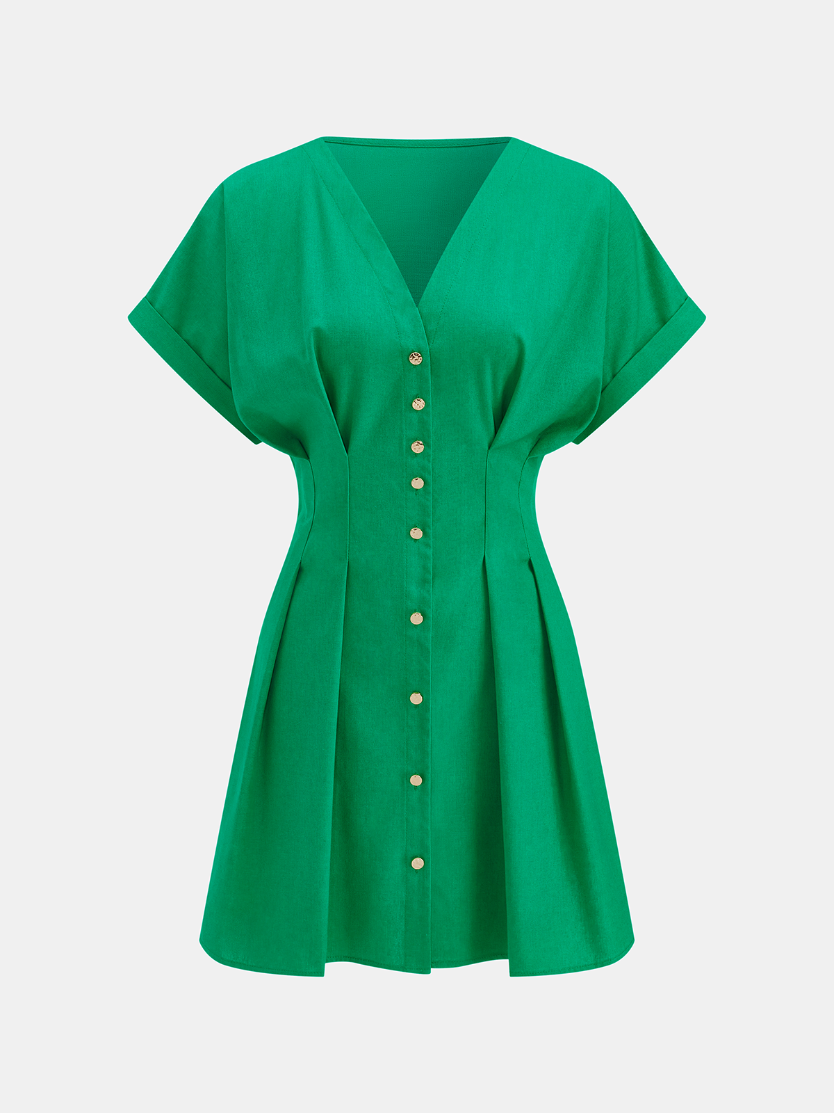 Cotton-Linen Pleated Mini Dress with Button Detailing