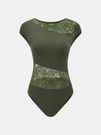 Lace Trimmed Cap Sleeve Bodysuit with Panel Detail