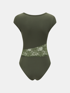 Lace Trimmed Cap Sleeve Bodysuit with Panel Detail
