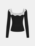 Ribbed Lace Square Neck Long-Sleeve Top
