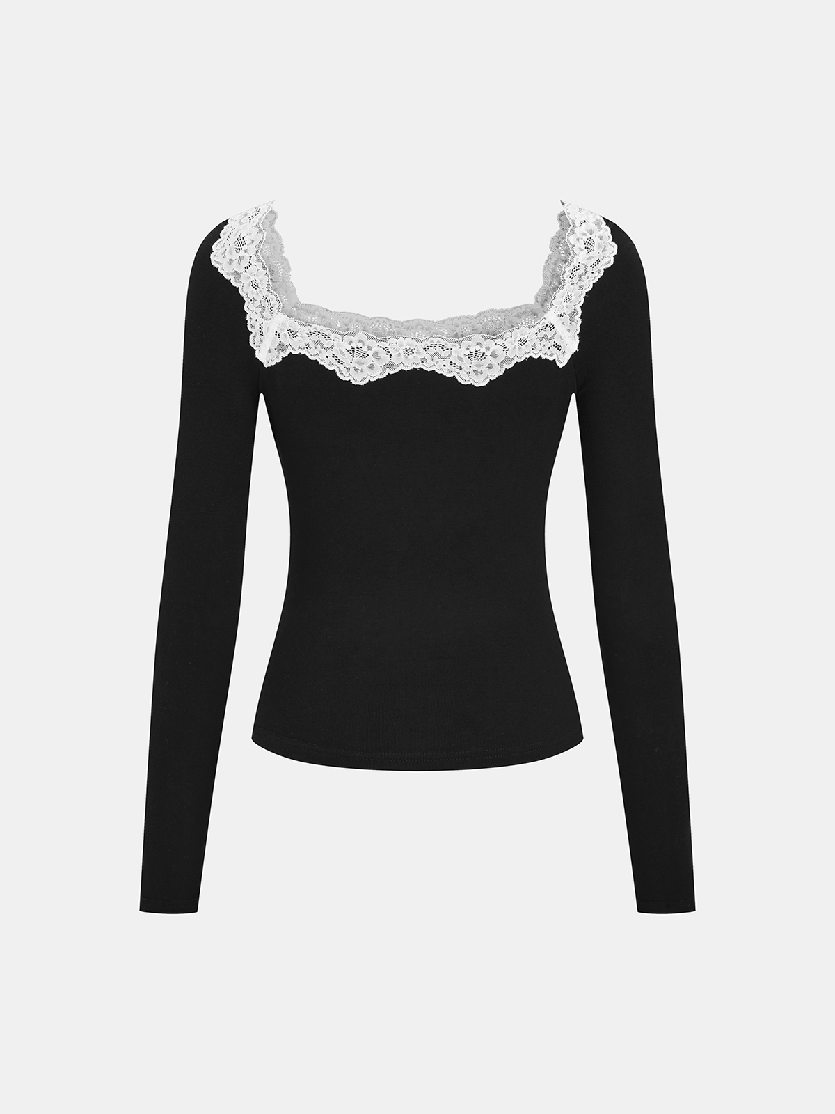 Ribbed Lace Square Neck Long-Sleeve Top