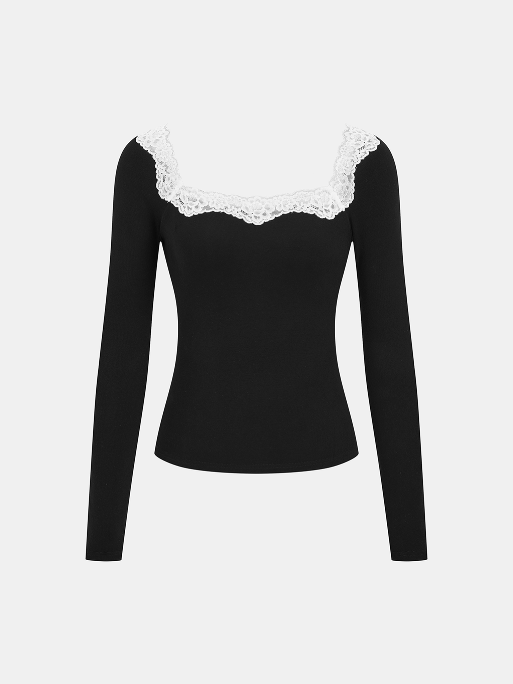 Ribbed Lace Square Neck Long-Sleeve Top