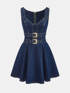 Denim Mini Dress with Dual Buckle Accents