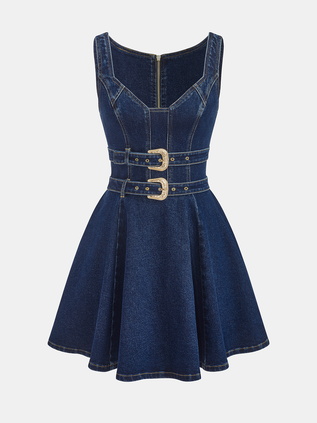 Chic Denim Mini Dress with Dual-Buckle Detail