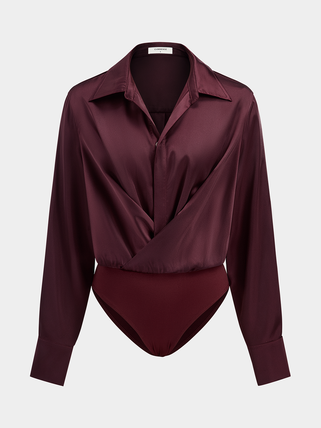 Satin Bodysuit with Draped Collar and Long Sleeves
