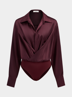 Satin Bodysuit with Draped Collar and Long Sleeves