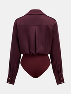 Satin Bodysuit with Draped Collar and Long Sleeves