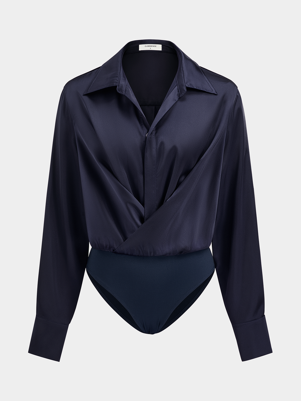 Satin Bodysuit with Draped Collar and Long Sleeves