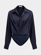 Satin Bodysuit with Draped Collar and Long Sleeves