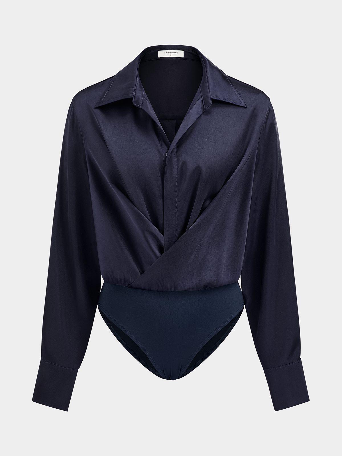 Satin Bodysuit with Draped Collar and Long Sleeves