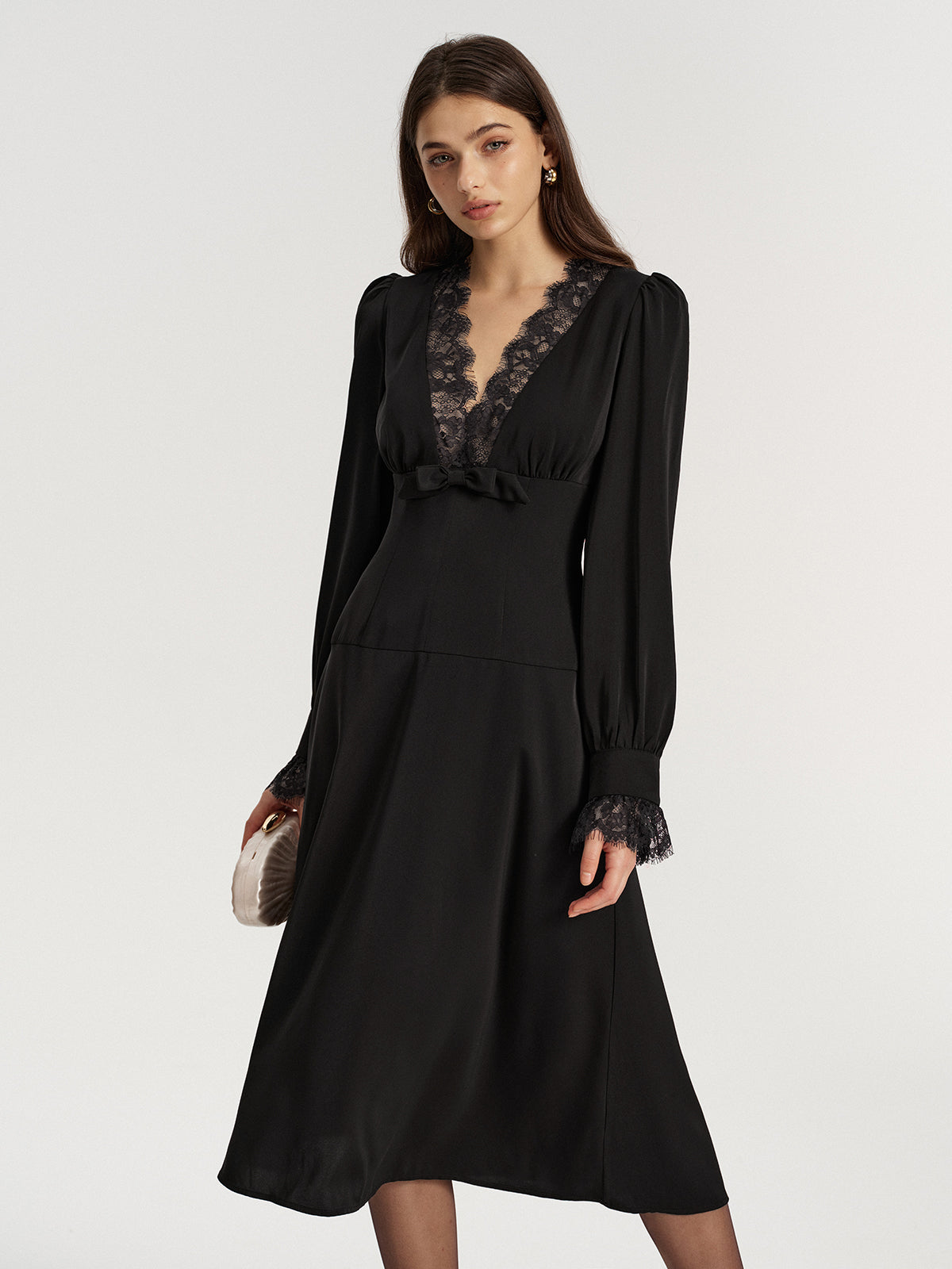 Satin Midi Dress with Lace V-Neck and Bow