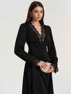 Satin Midi Dress with Lace V-Neck and Bow