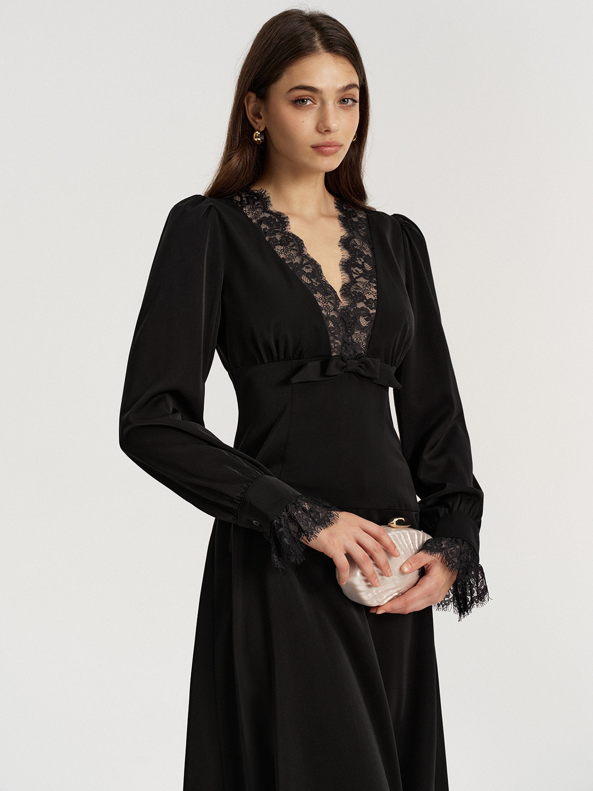 Satin Midi Dress with Lace V-Neck and Bow