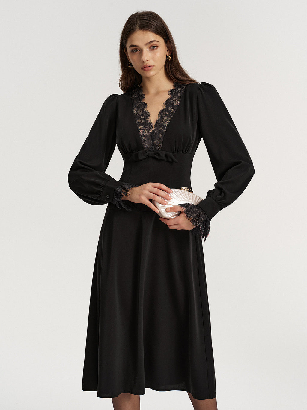 Satin Midi Dress with Lace V-Neck and Bow