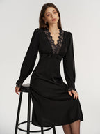 Satin Midi Dress with Lace V-Neck and Bow