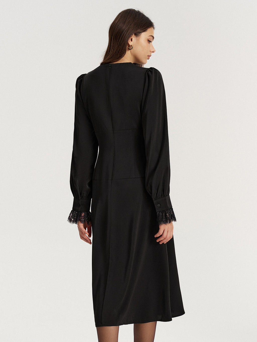 Satin Midi Dress with Lace V-Neck and Bow