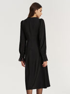 Satin Midi Dress with Lace V-Neck and Bow