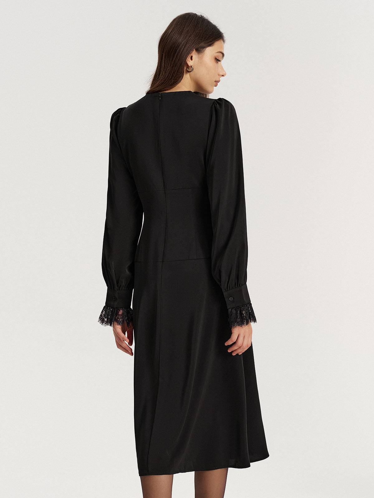 Satin Midi Dress with Lace V-Neck and Bow
