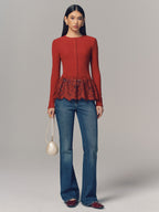 Long Sleeve Ribbed Top with Lace Hem Detail