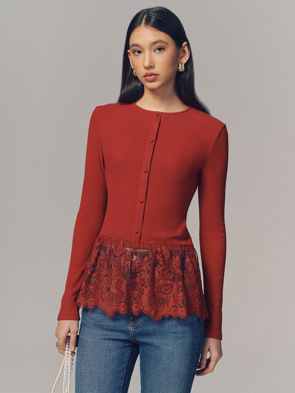 Long Sleeve Ribbed Top with Lace Hem Detail