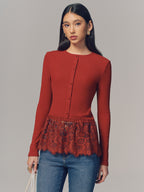 Long Sleeve Ribbed Top with Lace Hem Detail