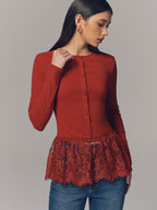 Long Sleeve Ribbed Top with Lace Hem Detail