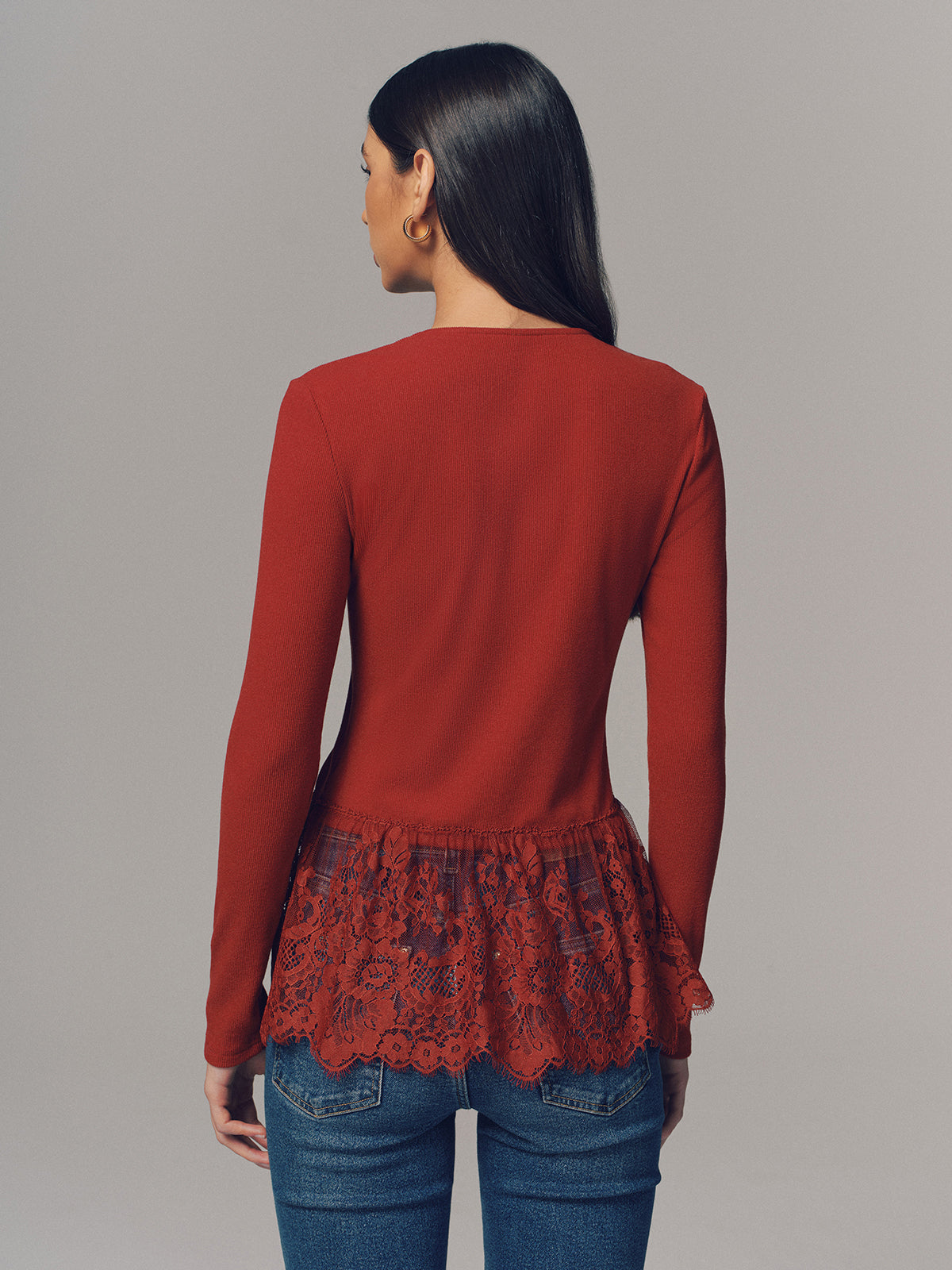 Long Sleeve Ribbed Top with Lace Hem Detail