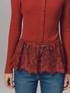 Long Sleeve Ribbed Top with Lace Hem Detail