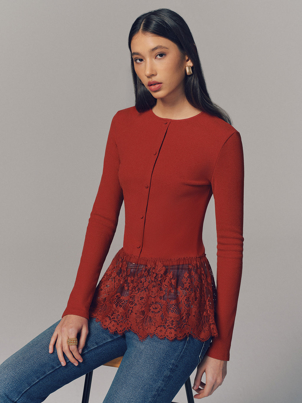 Long Sleeve Ribbed Top with Lace Hem Detail