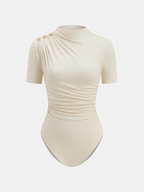 Metallic Accent Ruched Bodysuit with Mock Neck Design