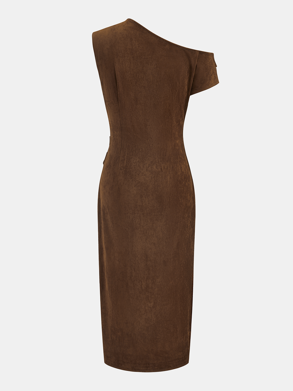 One-Shoulder Suede Midi Dress with Ruched Detail