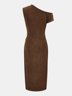 One-Shoulder Suede Midi Dress with Ruched Detail