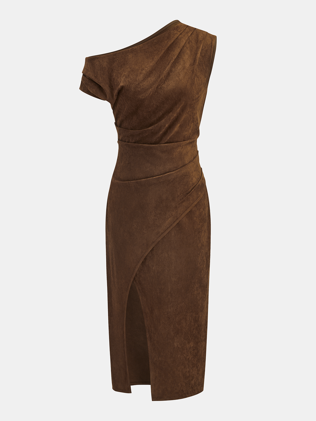 One-Shoulder Suede Midi Dress with Ruched Detail