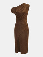 One-Shoulder Suede Midi Dress with Ruched Detail