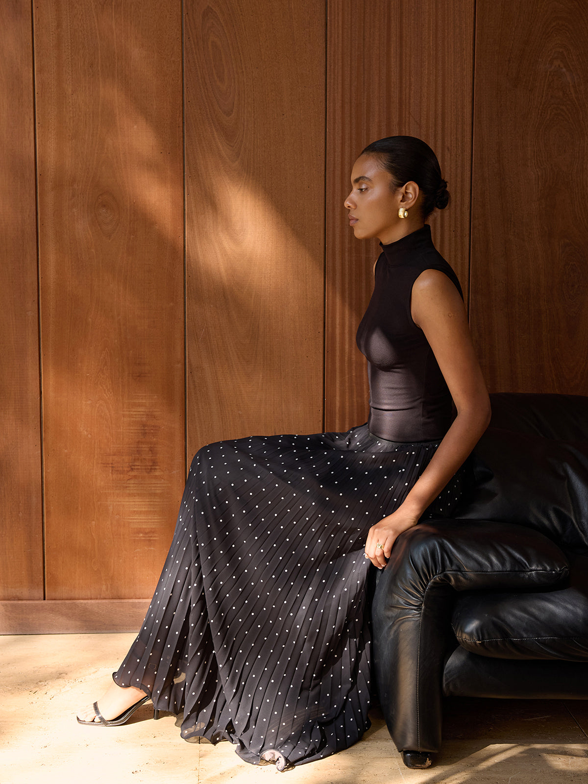 Turtleneck Pleated Maxi Dress with Polka Dots