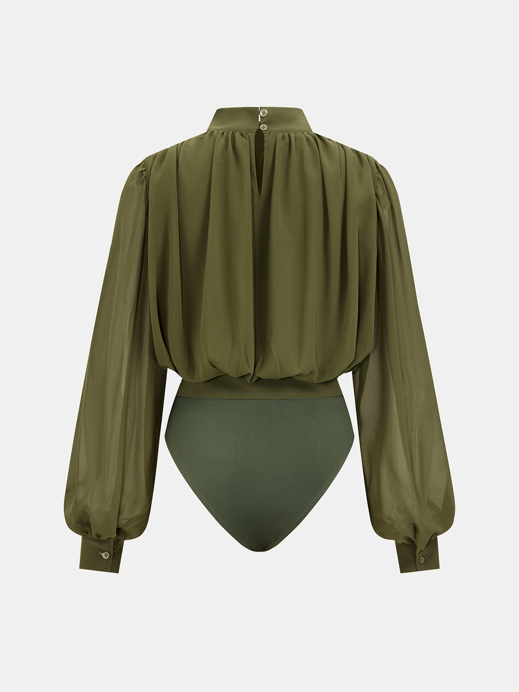 Semi-Sheer Bodysuit with Puff Sleeves and Ruched Detail
