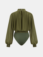 Semi-Sheer Bodysuit with Puff Sleeves and Ruched Detail