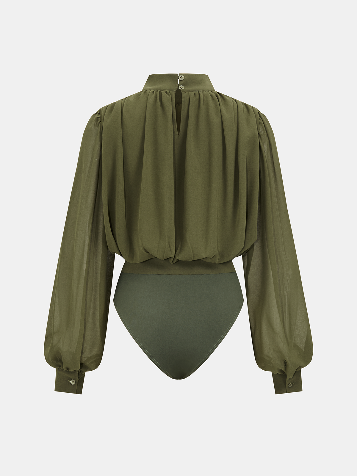Semi-Sheer Bodysuit with Puff Sleeves and Ruched Detail