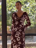 Floral Mesh Maxi Dress with Cowl Neck Detail